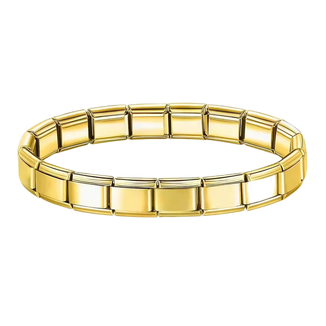Gold-tone 9 mm Italian charm bracelet links, the same flat plate design as the silver version